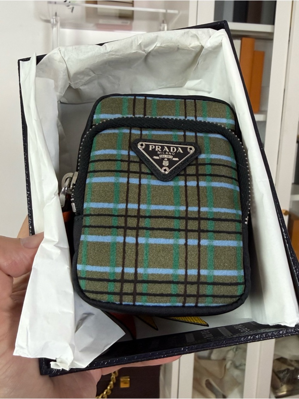 NIB Prada Blue & Green Double Zip Pouch Bag